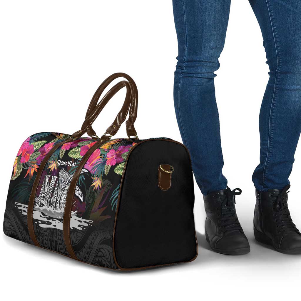 Personalised Hawaii Travel Bag Humpback Whale Tattoo With Tropical Flowers Black LT14 - Polynesian Pride
