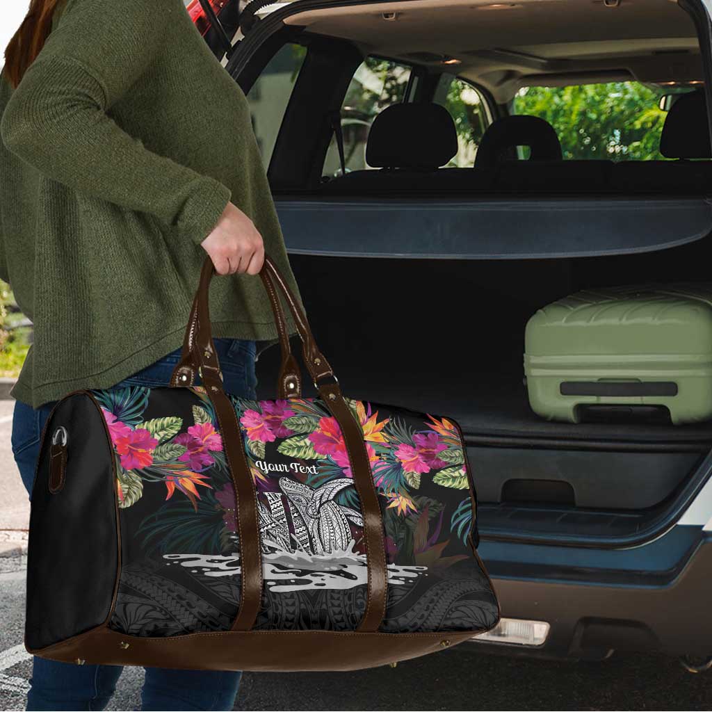 Personalised Hawaii Travel Bag Humpback Whale Tattoo With Tropical Flowers Black LT14 - Polynesian Pride