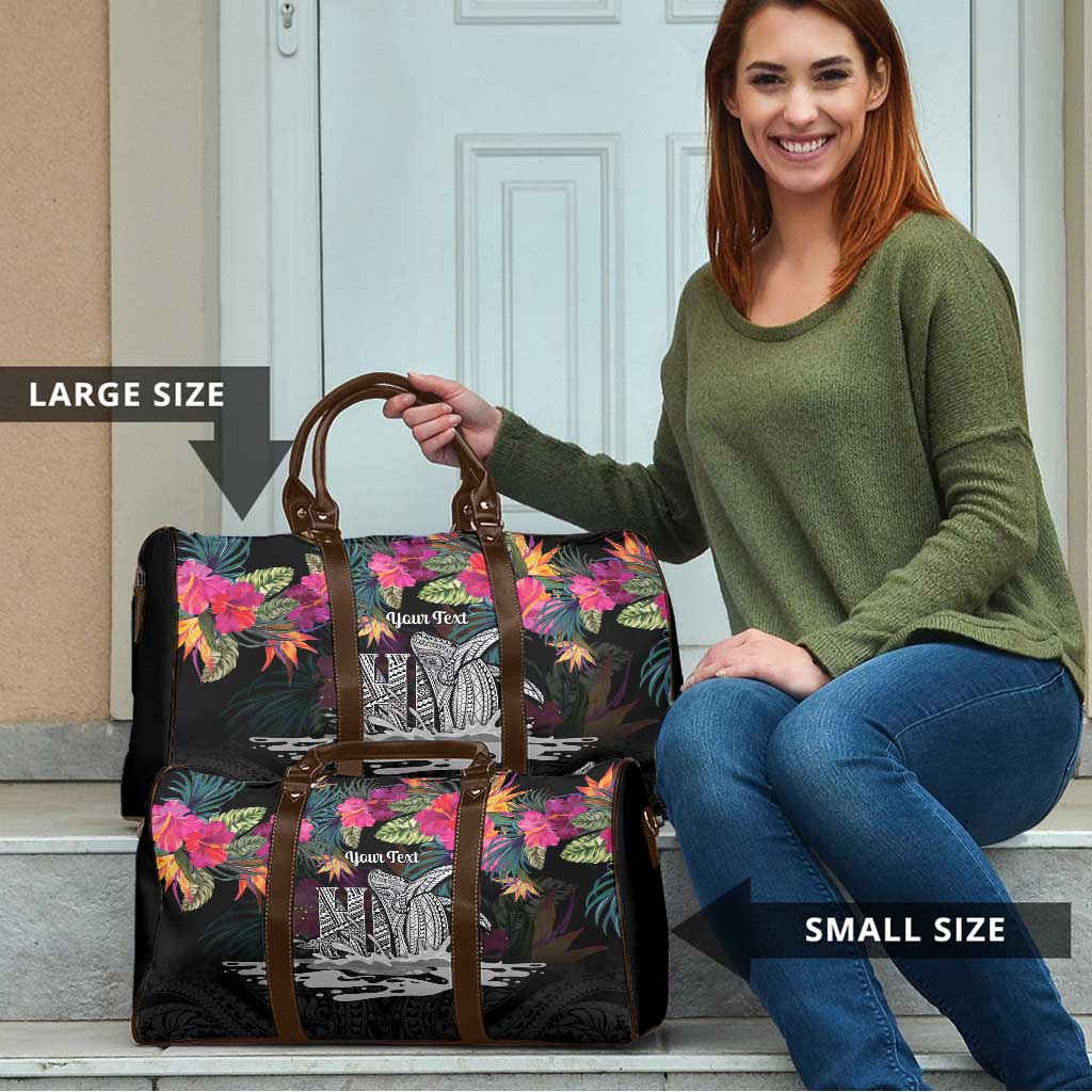 Personalised Hawaii Travel Bag Humpback Whale Tattoo With Tropical Flowers Black LT14 - Polynesian Pride
