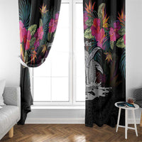 Personalised Hawaii Window Curtain Humpback Whale Tattoo With Tropical Flowers Black