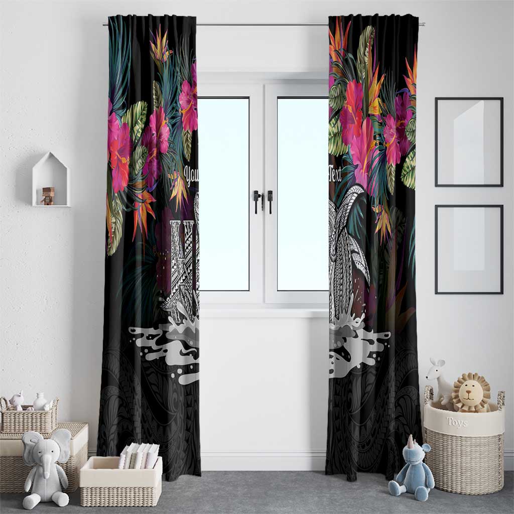 Personalised Hawaii Window Curtain Humpback Whale Tattoo With Tropical Flowers Black