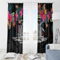 Personalised Hawaii Window Curtain Humpback Whale Tattoo With Tropical Flowers Black
