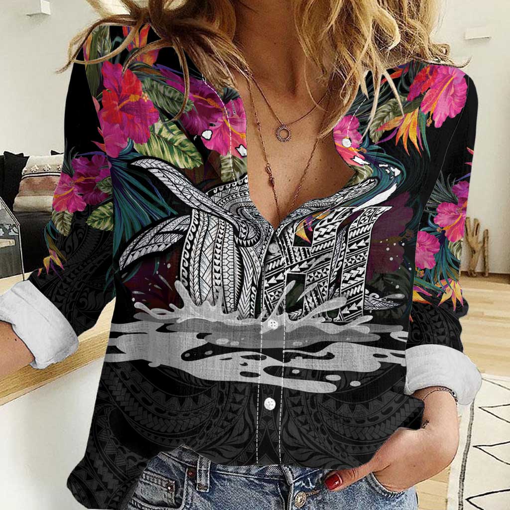 Personalised Hawaii Women Casual Shirt Humpback Whale Tattoo With Tropical Flowers Black LT14 Female Black - Polynesian Pride