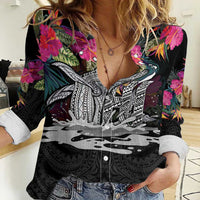 Personalised Hawaii Women Casual Shirt Humpback Whale Tattoo With Tropical Flowers Black LT14 Female Black - Polynesian Pride