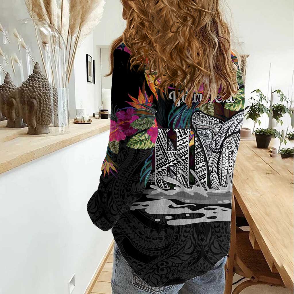 Personalised Hawaii Women Casual Shirt Humpback Whale Tattoo With Tropical Flowers Black LT14 - Polynesian Pride