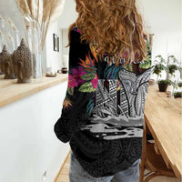 Personalised Hawaii Women Casual Shirt Humpback Whale Tattoo With Tropical Flowers Black LT14 - Polynesian Pride