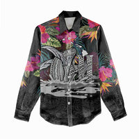 Personalised Hawaii Women Casual Shirt Humpback Whale Tattoo With Tropical Flowers Black LT14 - Polynesian Pride
