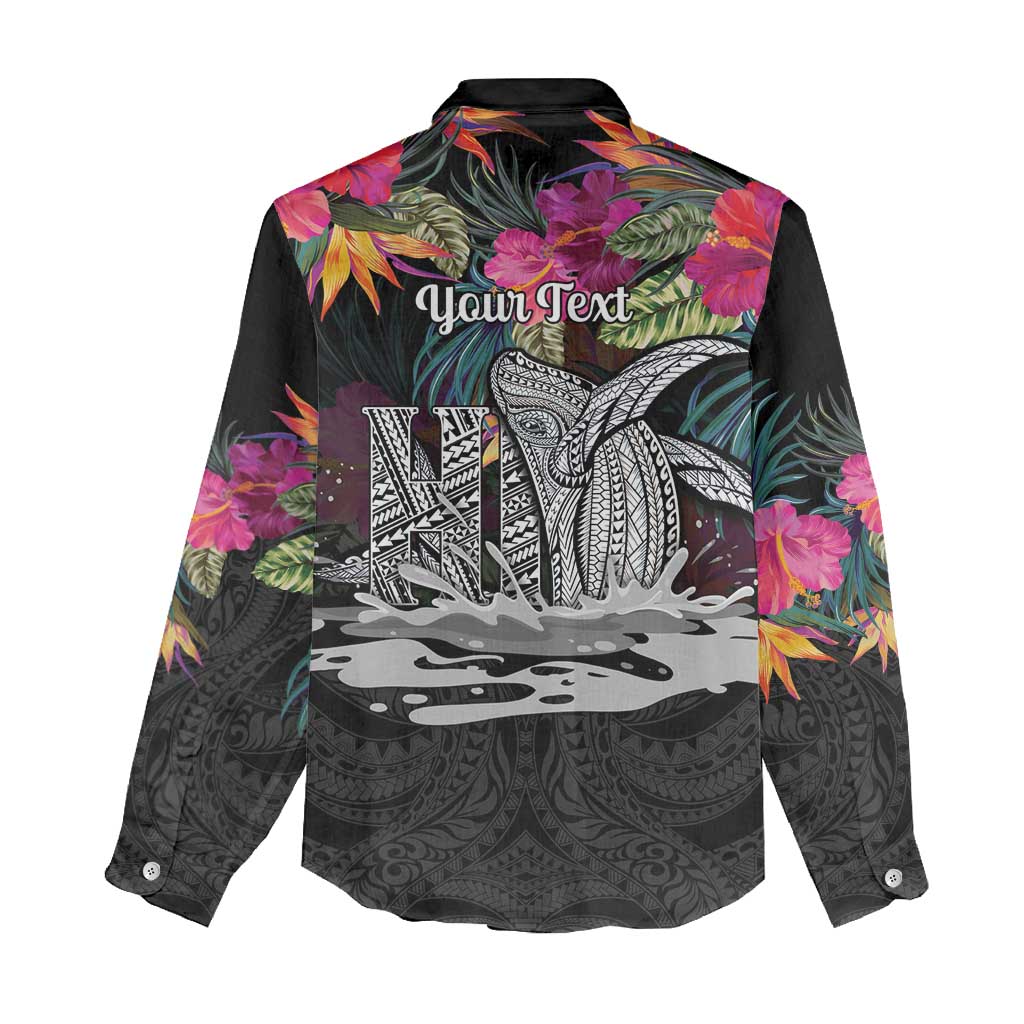 Personalised Hawaii Women Casual Shirt Humpback Whale Tattoo With Tropical Flowers Black LT14 - Polynesian Pride