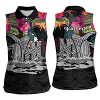 Personalised Hawaii Women Sleeveless Polo Shirt Humpback Whale Tattoo With Tropical Flowers Black