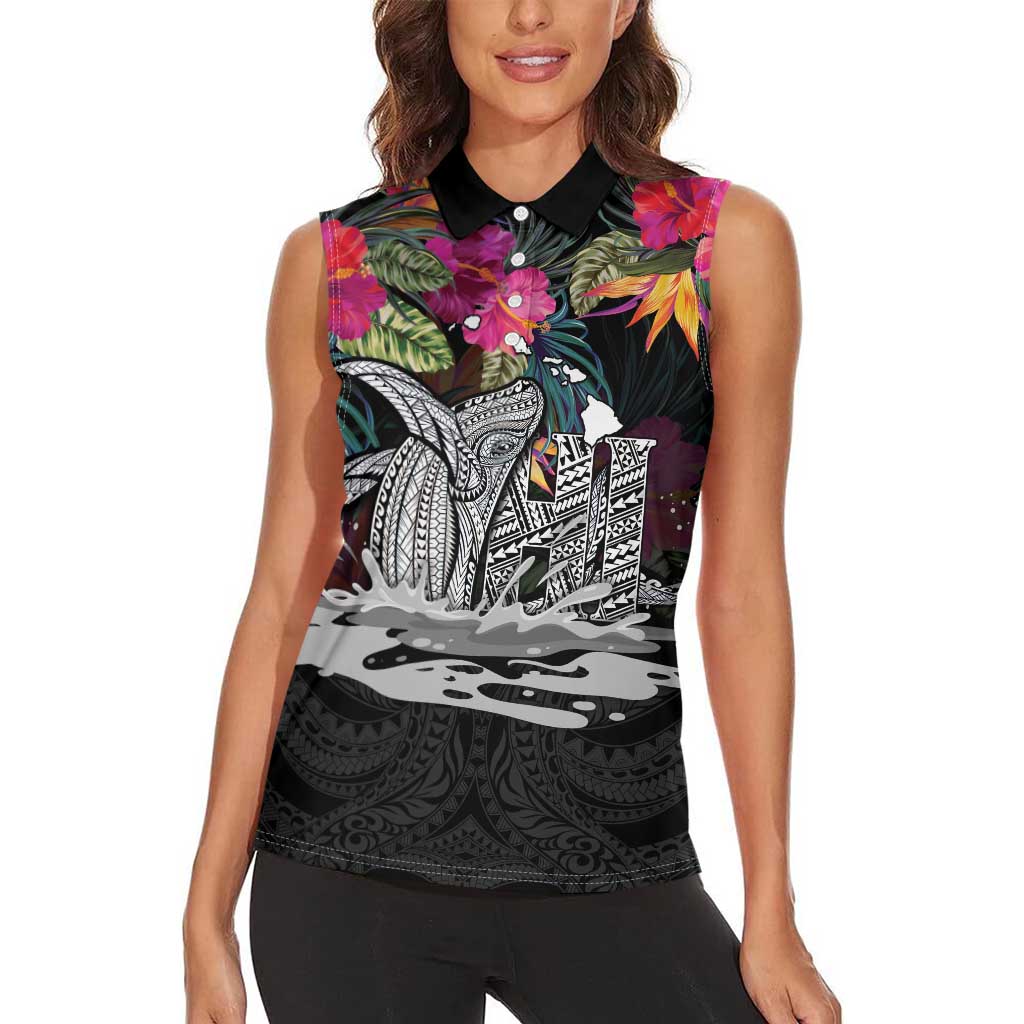 Personalised Hawaii Women Sleeveless Polo Shirt Humpback Whale Tattoo With Tropical Flowers Black