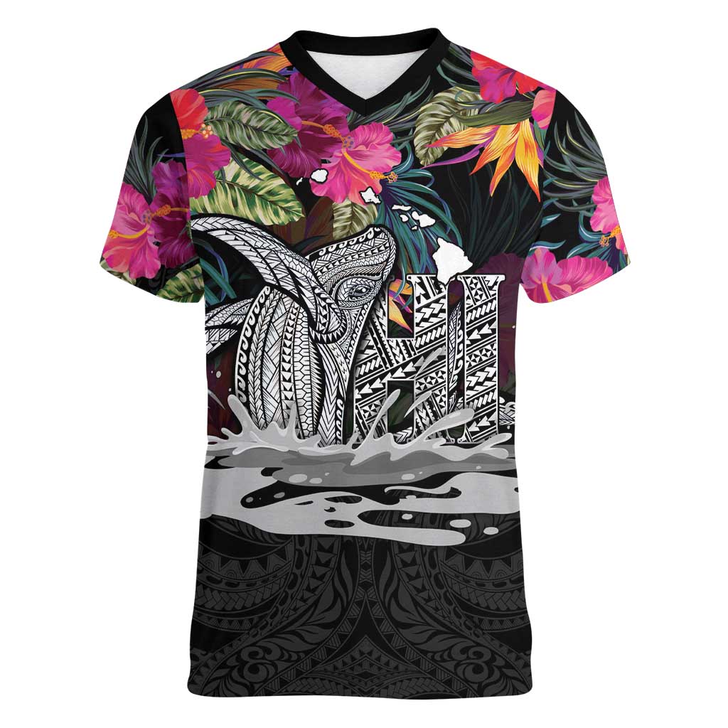 Personalised Hawaii Women V-Neck T-Shirt Humpback Whale Tattoo With Tropical Flowers Black
