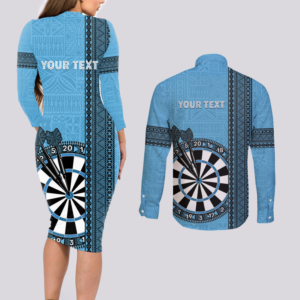 Personalised Fiji Darts Couples Matching Long Sleeve Bodycon Dress and Long Sleeve Button Shirt Fijian Tapa Pattern - Blue