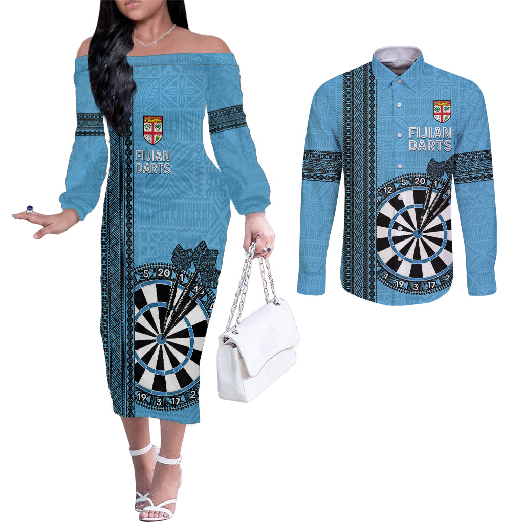 Personalised Fiji Darts Couples Matching Off The Shoulder Long Sleeve Dress and Long Sleeve Button Shirt Fijian Tapa Pattern - Blue