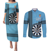 Personalised Fiji Darts Couples Matching Puletasi and Long Sleeve Button Shirt Fijian Tapa Pattern - Blue