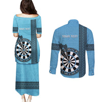 Personalised Fiji Darts Couples Matching Puletasi and Long Sleeve Button Shirt Fijian Tapa Pattern - Blue