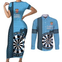 Personalised Fiji Darts Couples Matching Short Sleeve Bodycon Dress and Long Sleeve Button Shirt Fijian Tapa Pattern - Blue