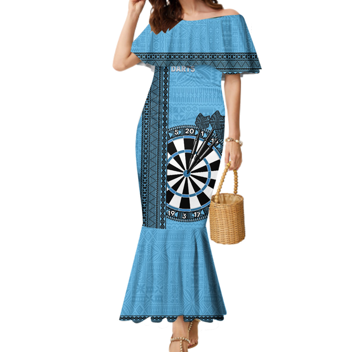 Personalised Fiji Darts Family Matching Mermaid Dress and Hawaiian Shirt Fijian Tapa Pattern - Blue