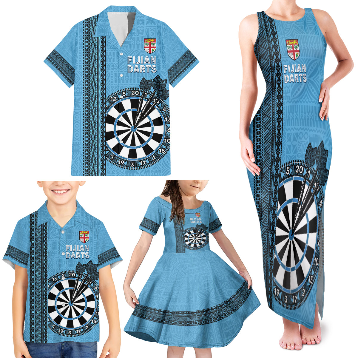 Personalised Fiji Darts Family Matching Tank Maxi Dress and Hawaiian Shirt Fijian Tapa Pattern - Blue
