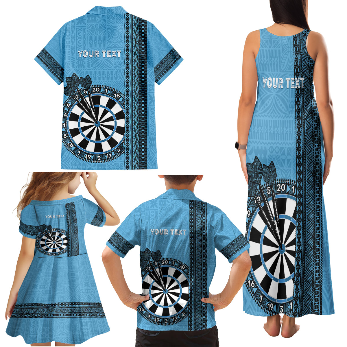 Personalised Fiji Darts Family Matching Tank Maxi Dress and Hawaiian Shirt Fijian Tapa Pattern - Blue
