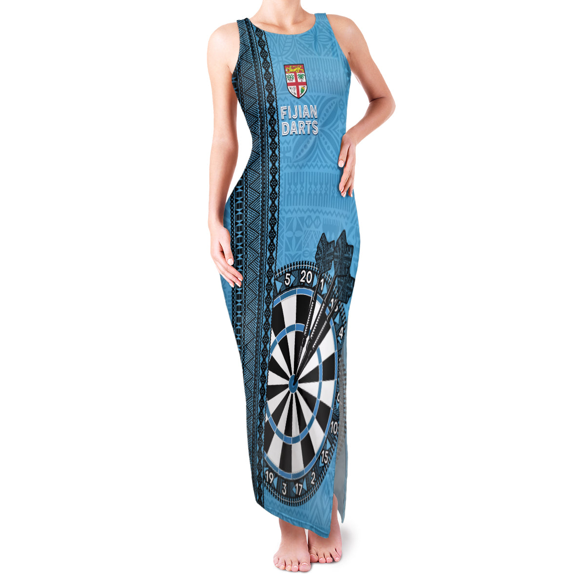 Personalised Fiji Darts Family Matching Tank Maxi Dress and Hawaiian Shirt Fijian Tapa Pattern - Blue