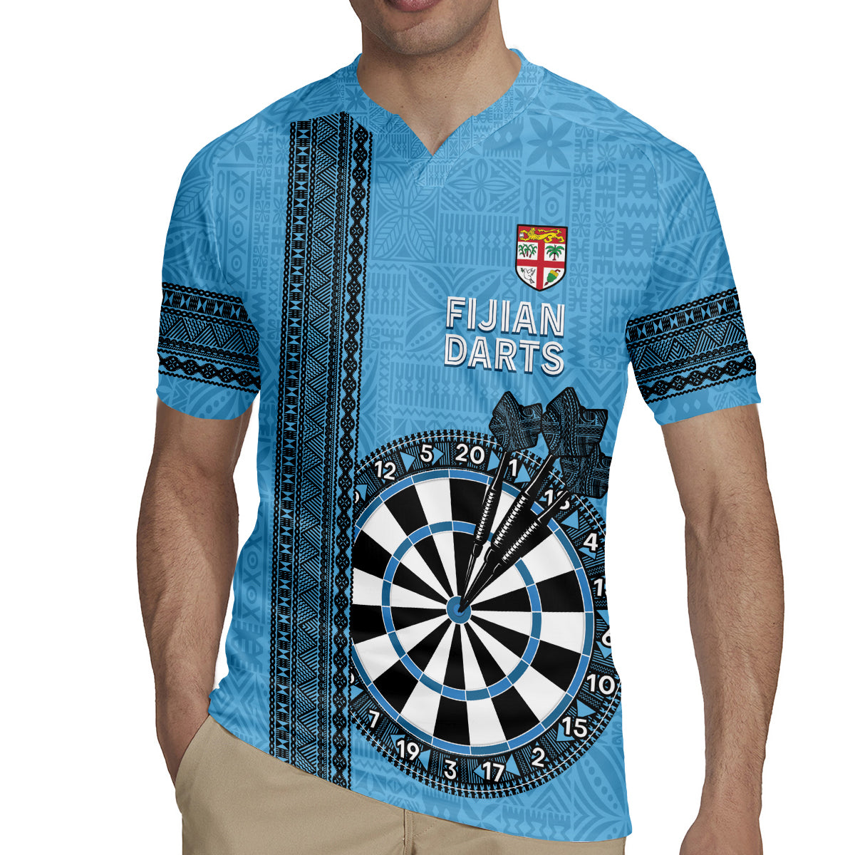 Personalised Fiji Darts Rugby Jersey Fijian Tapa Pattern - Blue