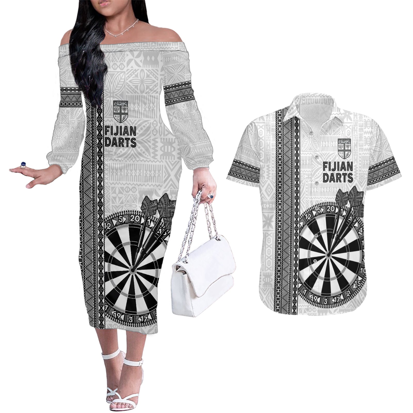 Personalised Fiji Darts Couples Matching Off The Shoulder Long Sleeve Dress and Hawaiian Shirt Fijian Tapa Pattern - White