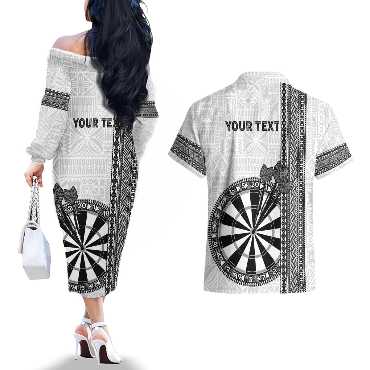 Personalised Fiji Darts Couples Matching Off The Shoulder Long Sleeve Dress and Hawaiian Shirt Fijian Tapa Pattern - White