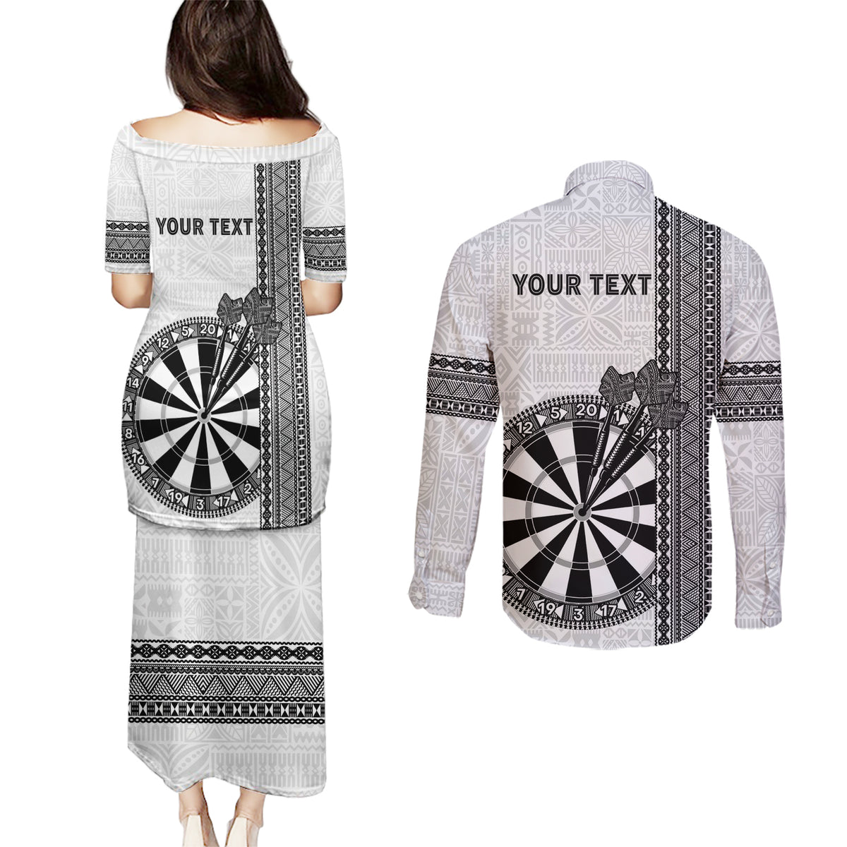 Personalised Fiji Darts Couples Matching Puletasi and Long Sleeve Button Shirt Fijian Tapa Pattern - White