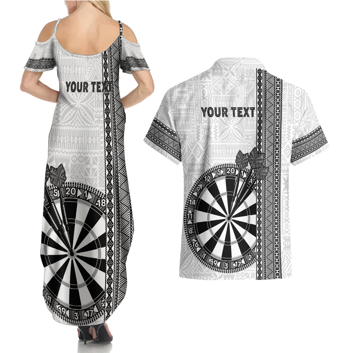 Personalised Fiji Darts Couples Matching Summer Maxi Dress and Hawaiian Shirt Fijian Tapa Pattern - White