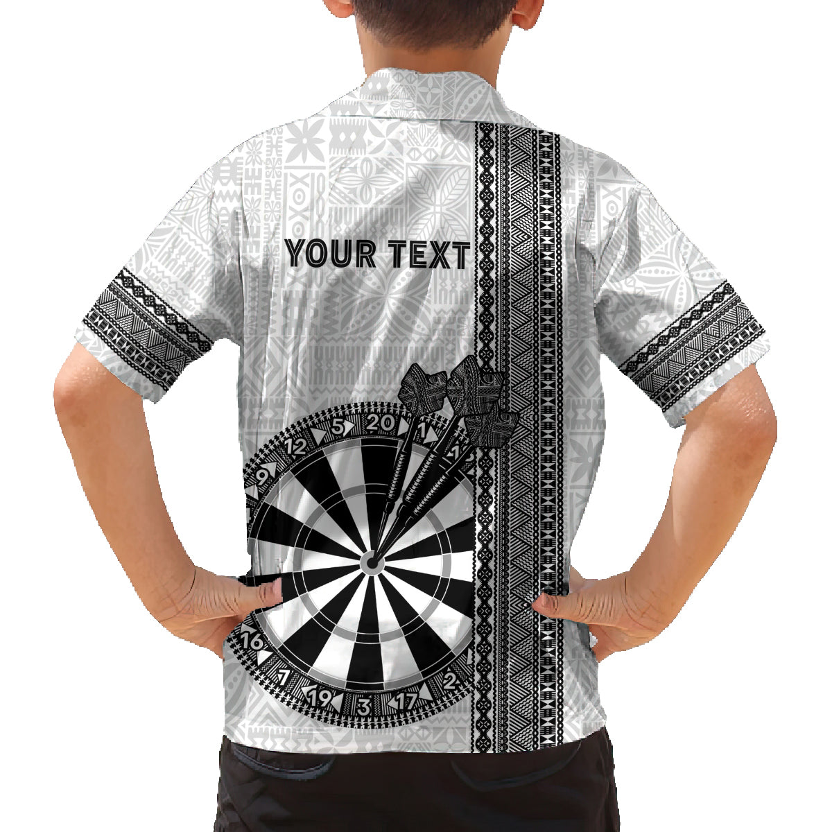 Personalised Fiji Darts Family Matching Long Sleeve Bodycon Dress and Hawaiian Shirt Fijian Tapa Pattern - White