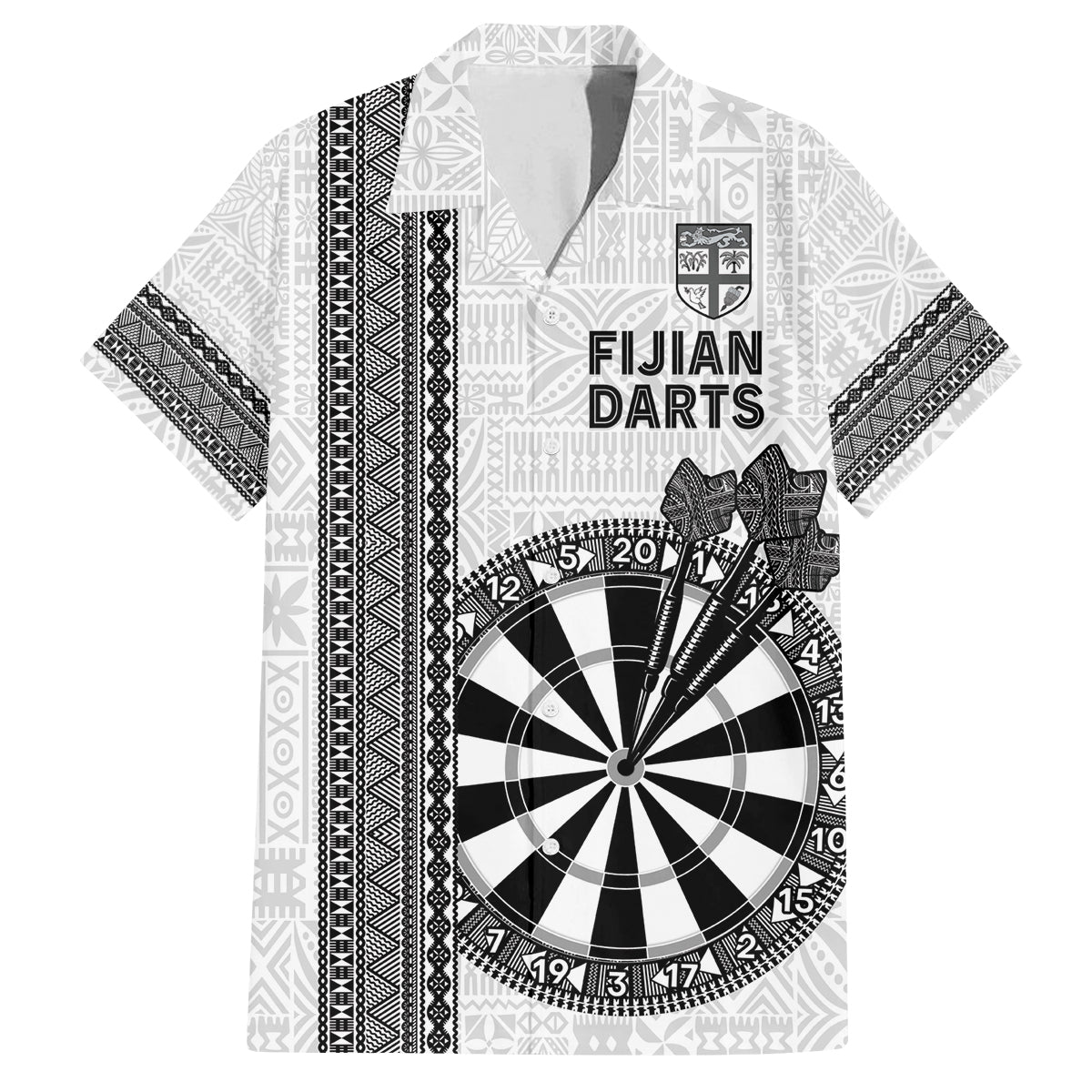 Personalised Fiji Darts Family Matching Off Shoulder Short Dress and Hawaiian Shirt Fijian Tapa Pattern - White