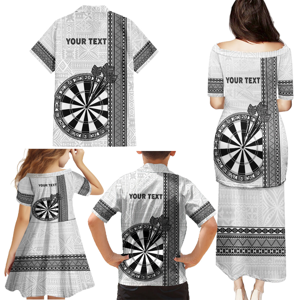 Personalised Fiji Darts Family Matching Puletasi and Hawaiian Shirt Fijian Tapa Pattern - White