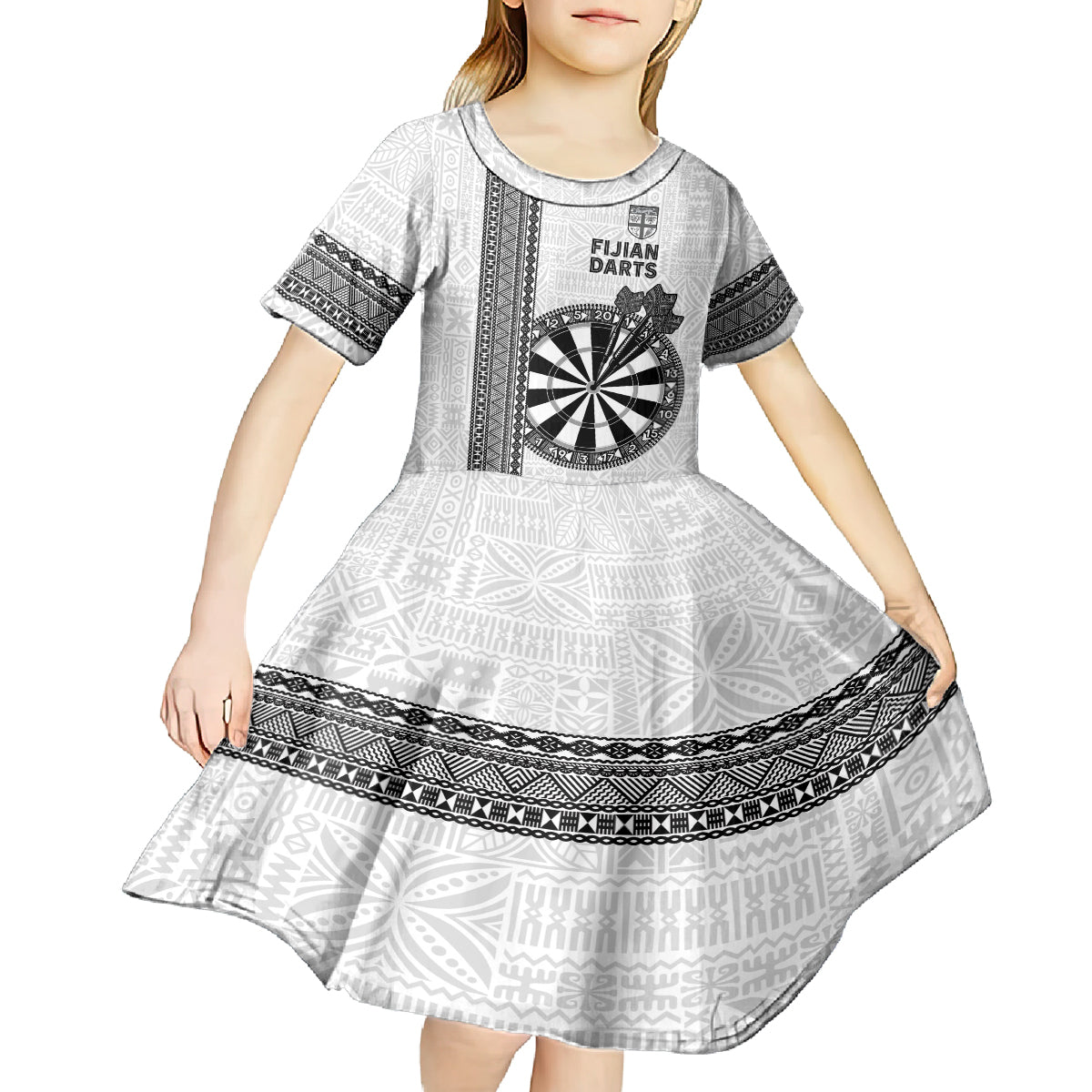 Personalised Fiji Darts Kid Short Sleeve Dress Fijian Tapa Pattern - White