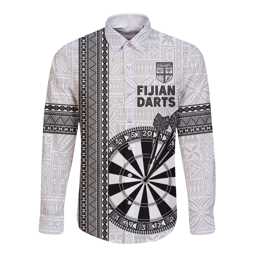 Personalised Fiji Darts Long Sleeve Button Shirt Fijian Tapa Pattern - White