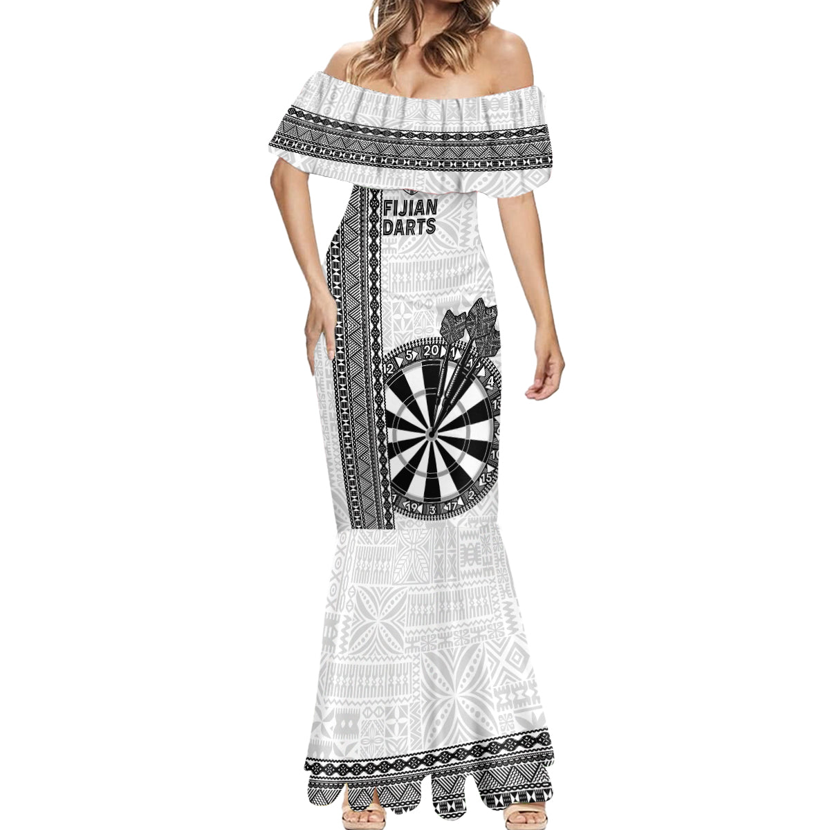 Personalised Fiji Darts Mermaid Dress Fijian Tapa Pattern - White