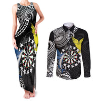 Personalised Cook Islands Darts Couples Matching Tank Maxi Dress and Long Sleeve Button Shirt Kuki Airani Tribal Pattern LT14 Black - Polynesian Pride