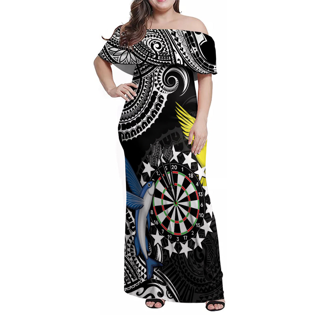 Personalised Cook Islands Darts Family Matching Off Shoulder Maxi Dress and Hawaiian Shirt Kuki Airani Tribal Pattern