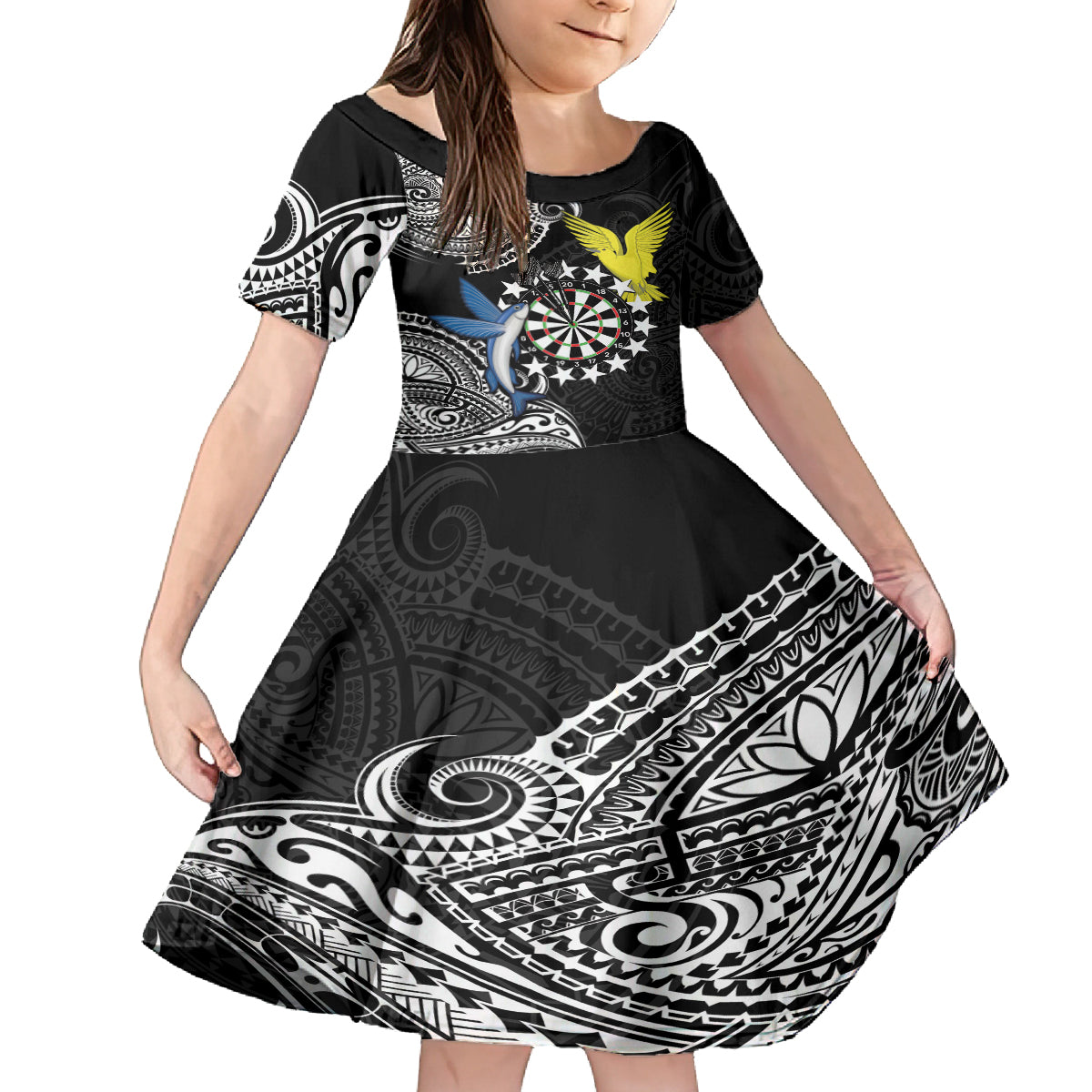 Personalised Cook Islands Darts Kid Short Sleeve Dress Kuki Airani Tribal Pattern LT14 KID Black - Polynesian Pride