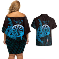 Aloha Hawaii Darts Couples Matching Off Shoulder Short Dress and Hawaiian Shirt Dart Board With Polynesian Shark - Blue