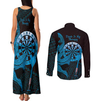 Aloha Hawaii Darts Couples Matching Tank Maxi Dress and Long Sleeve Button Shirt Dart Board With Polynesian Shark - Blue