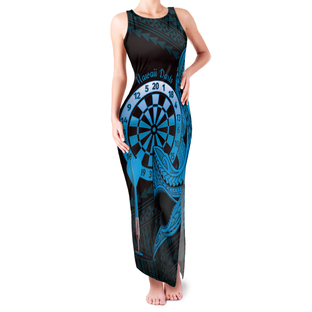 Aloha Hawaii Darts Family Matching Tank Maxi Dress and Hawaiian Shirt Dart Board With Polynesian Shark - Blue