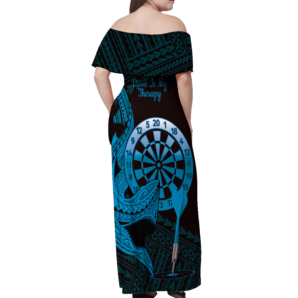 Aloha Hawaii Darts Off Shoulder Maxi Dress Dart Board With Polynesian Shark - Blue