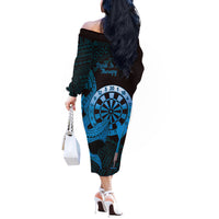 Aloha Hawaii Darts Off The Shoulder Long Sleeve Dress Dart Board With Polynesian Shark - Blue