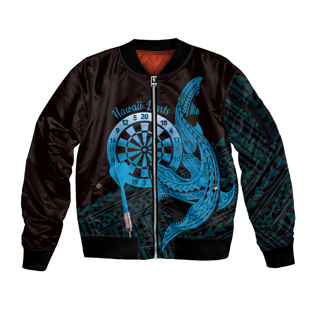 Aloha Hawaii Darts Sleeve Zip Bomber Jacket Dart Board With Polynesian Shark - Blue