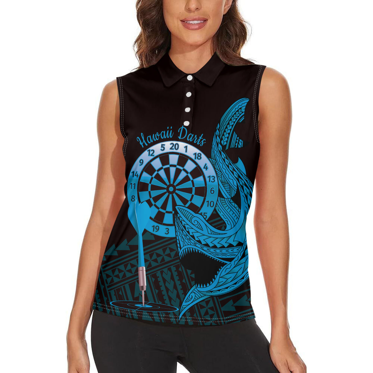Aloha Hawaii Darts Women Sleeveless Polo Shirt Dart Board With Polynesian Shark - Blue