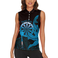 Aloha Hawaii Darts Women Sleeveless Polo Shirt Dart Board With Polynesian Shark - Blue