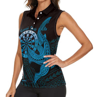 Aloha Hawaii Darts Women Sleeveless Polo Shirt Dart Board With Polynesian Shark - Blue