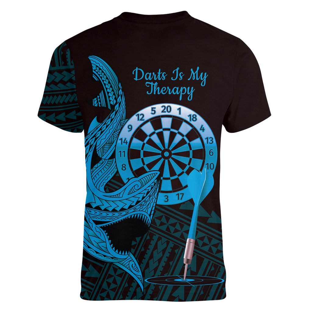 Aloha Hawaii Darts Women V-Neck T-Shirt Dart Board With Polynesian Shark - Blue