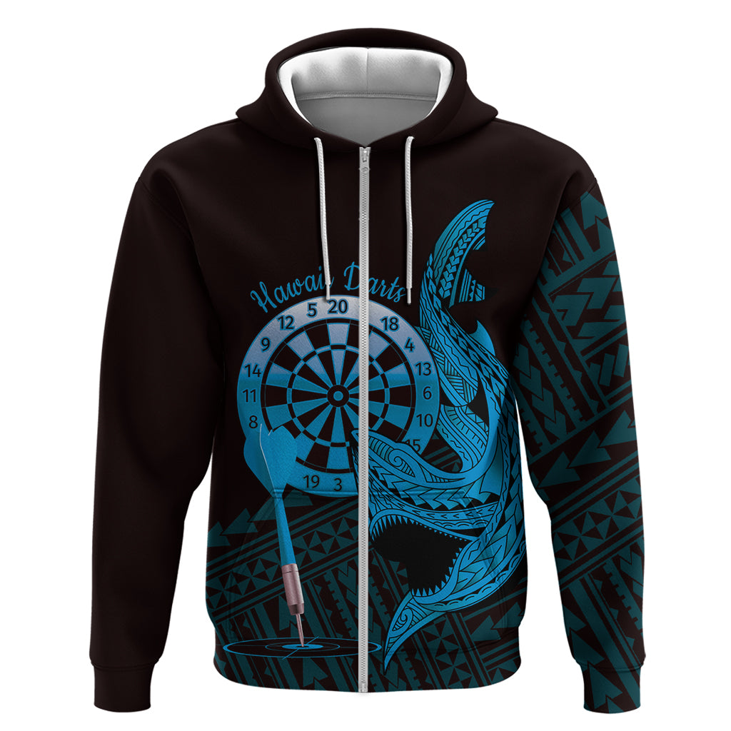 Aloha Hawaii Darts Zip Hoodie Dart Board With Polynesian Shark - Blue