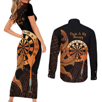 Aloha Hawaii Darts Couples Matching Short Sleeve Bodycon Dress and Long Sleeve Button Shirt Dart Board With Polynesian Shark - Gold